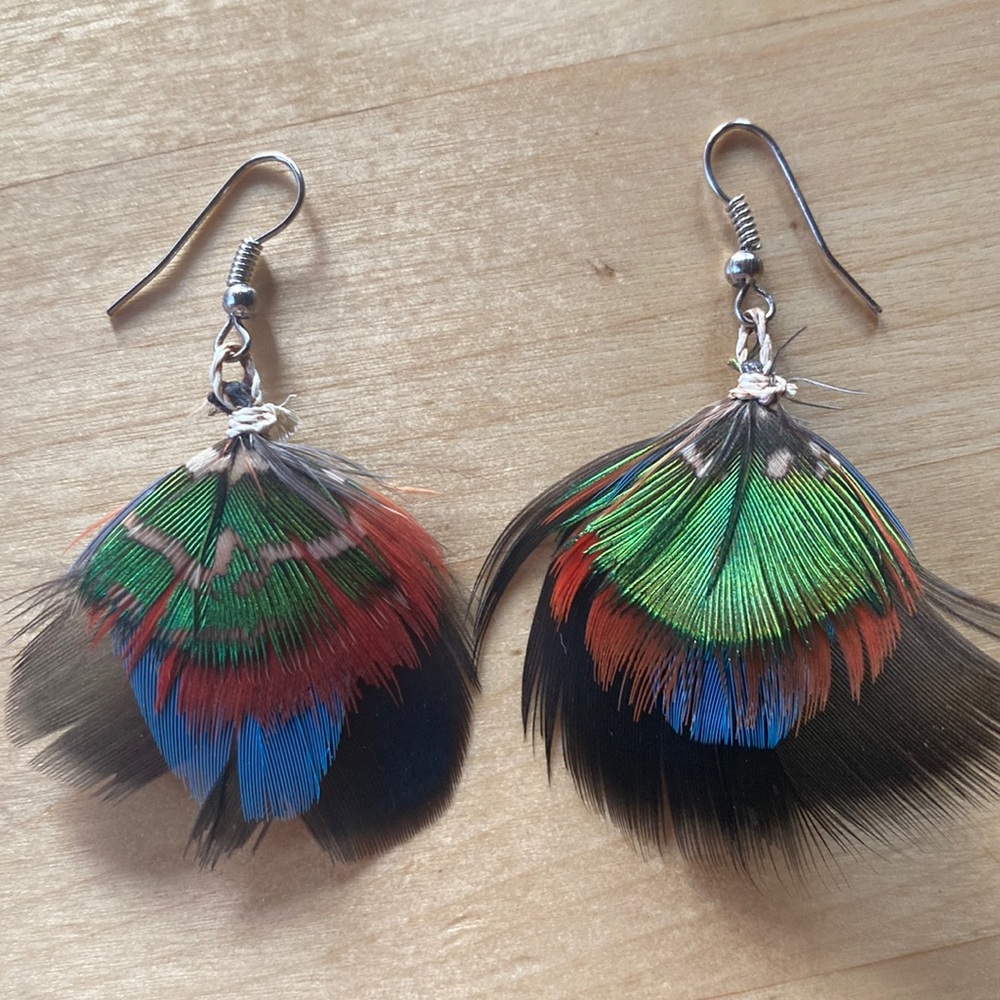Feather Earrings Handmade by Indigenous Women Amazon Rainforest, Ecuador